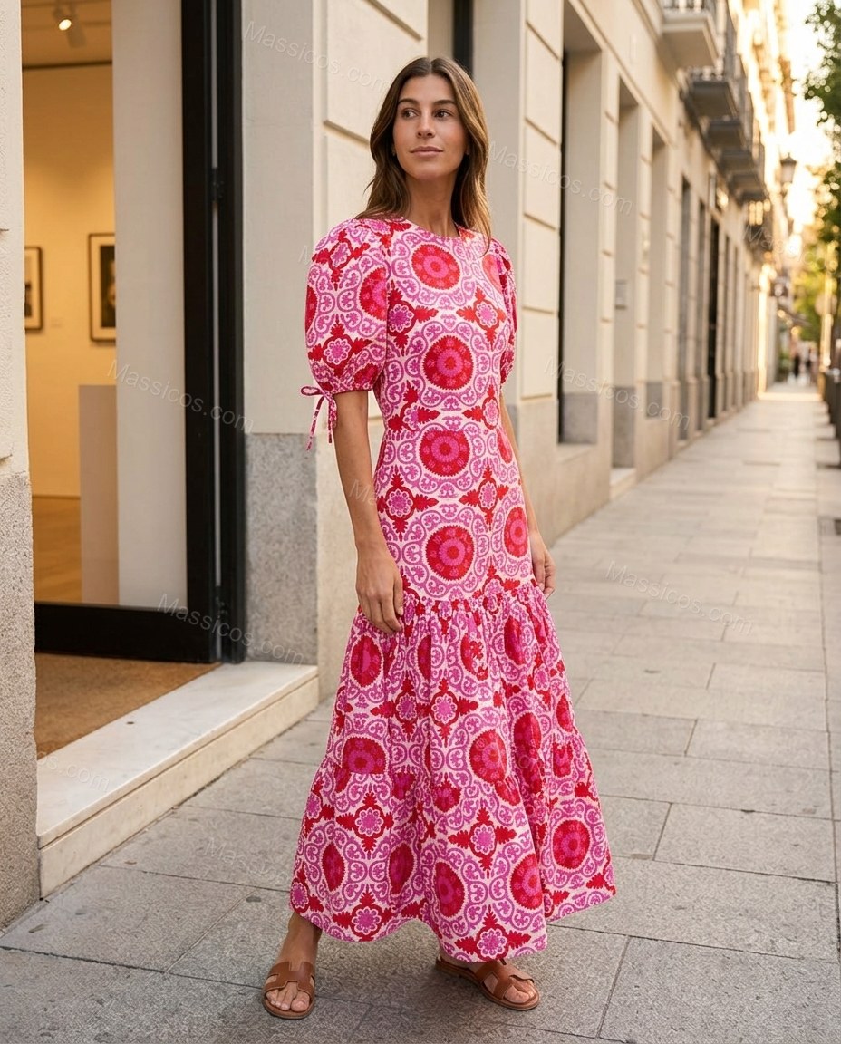 Pink Maxi Open-Back Tiered Dress, alternate use-case lifestyle view, by Massicos