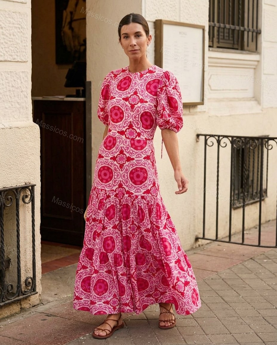 Pink Maxi Open-Back Tiered Dress, three-quarter brand lifestyle view, by Massicos