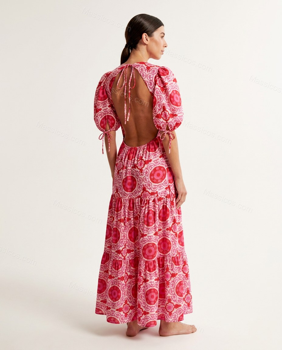 Pink Maxi Open-Back Tiered Dress, back studio view showing large open back cutout with a tie closure at the upper neck, by Massicos