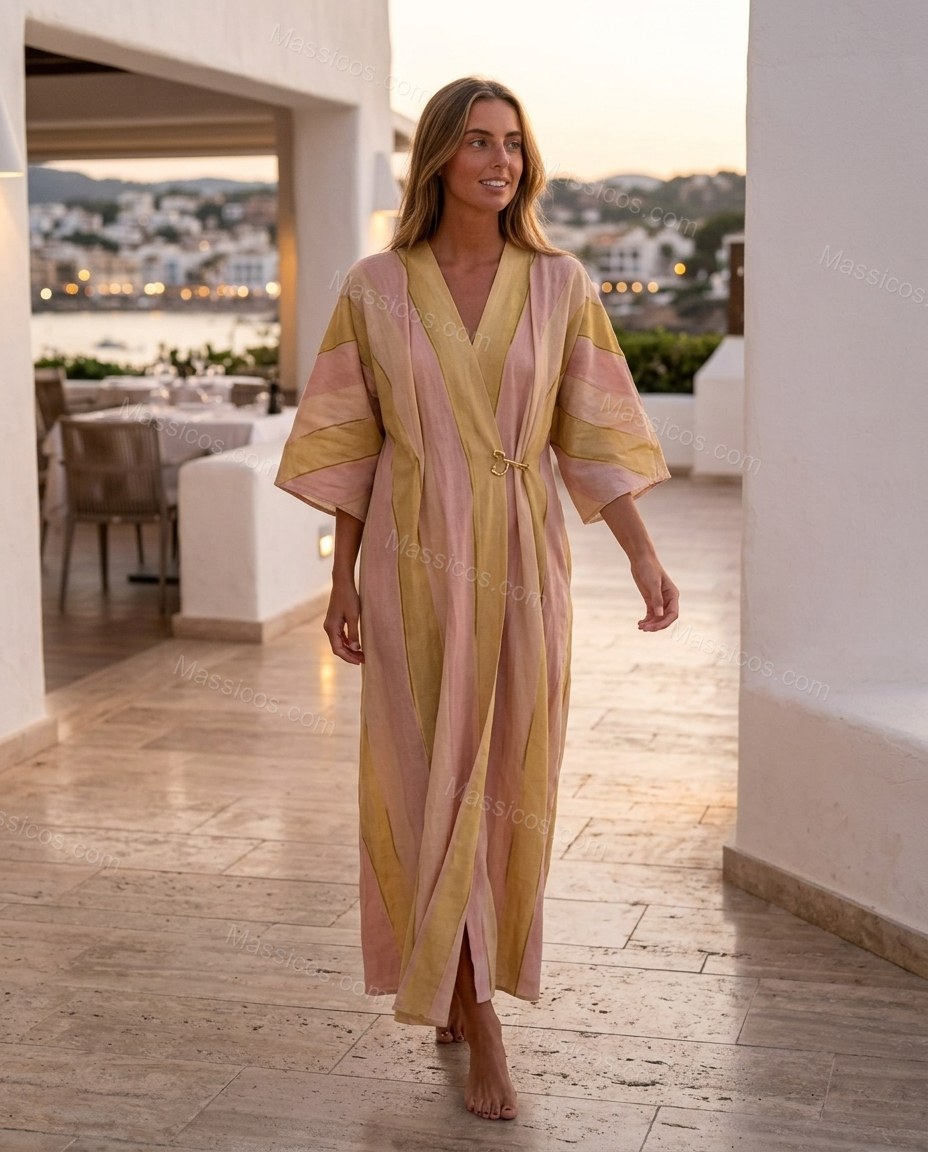 Pink Striped Maxi Dress, three-quarter brand lifestyle view, by Massicos