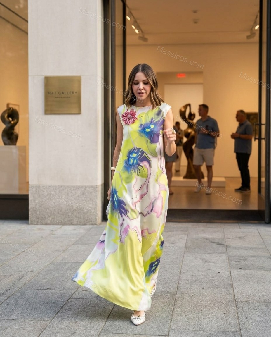 Yellow Abstract Maxi Asymmetric Dress, walking lifestyle view, by Massicos