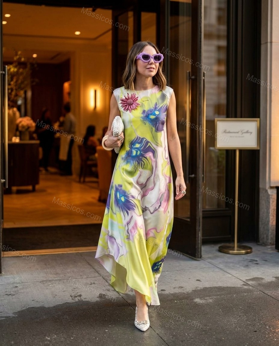 Yellow Abstract Maxi Asymmetric Dress, movement and fit lifestyle view, by Massicos