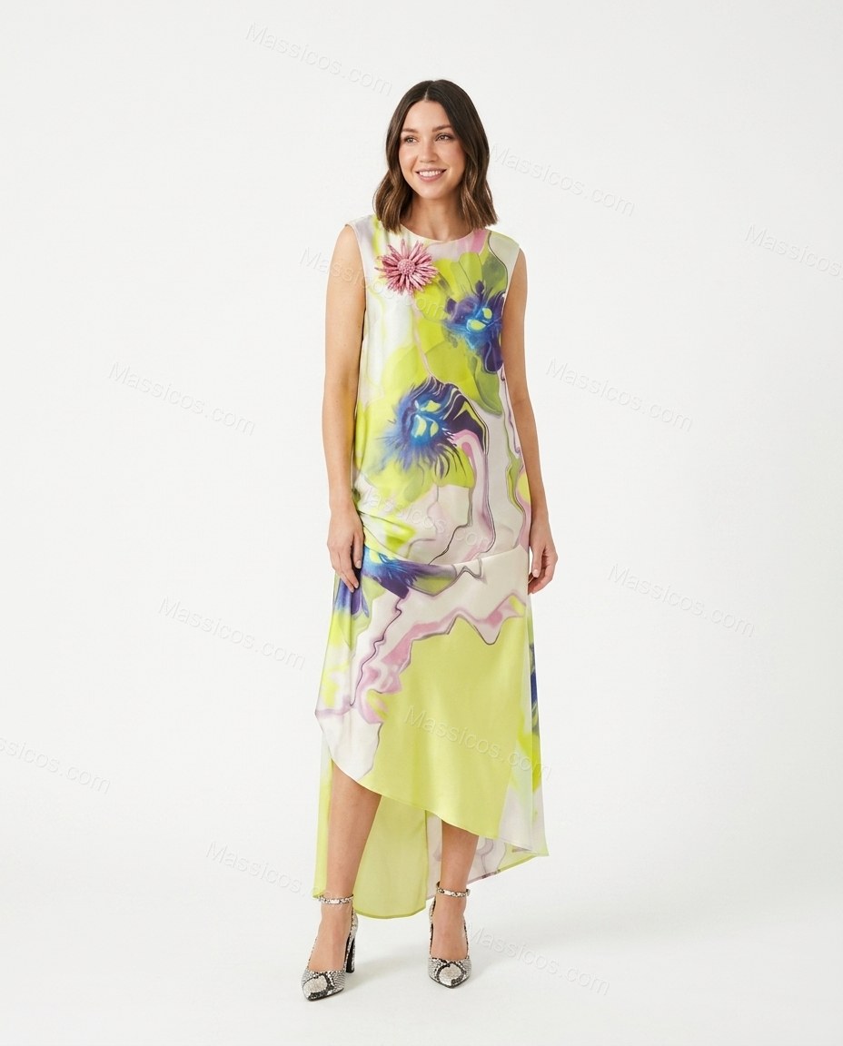 Yellow Abstract Maxi Asymmetric Dress, front studio view, by Massicos