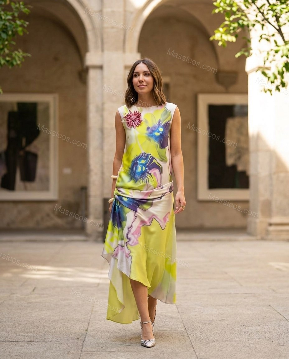 Yellow Abstract Maxi Asymmetric Dress, alternate use-case lifestyle view, by Massicos