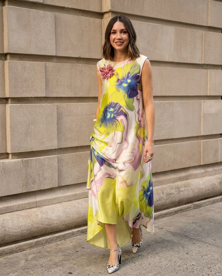 Yellow Abstract Maxi Asymmetric Dress, full-length hero view, by Massicos