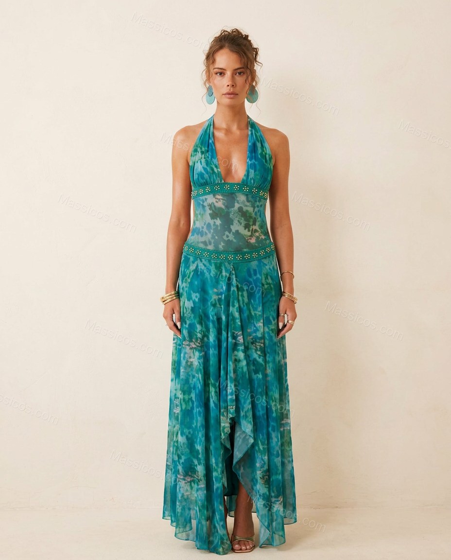 Green Abstract Maxi Halter Dress, full-length hero view, by Massicos