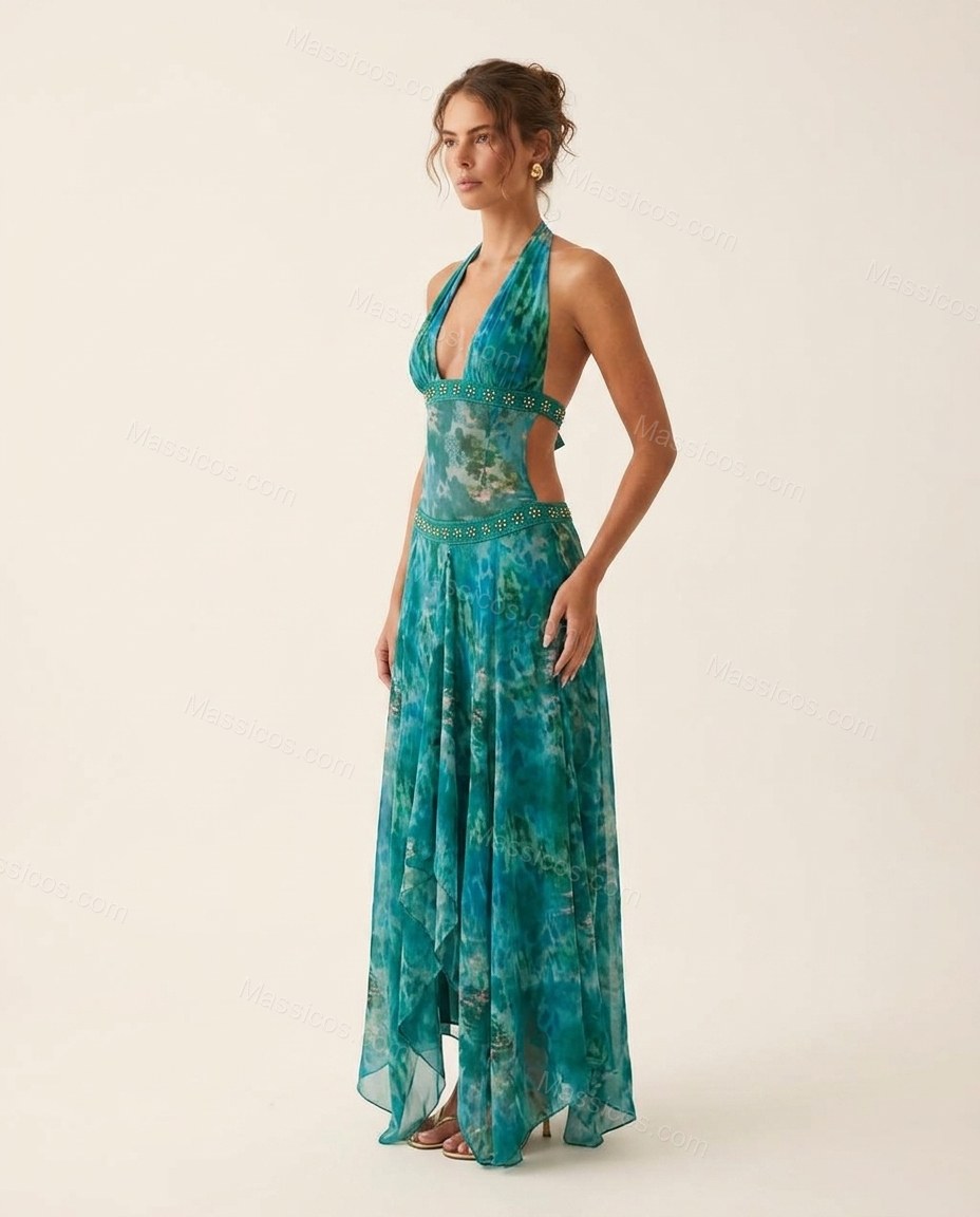 Green Abstract Maxi Halter Dress, side and back studio view showing open back design with halter tie, by Massicos