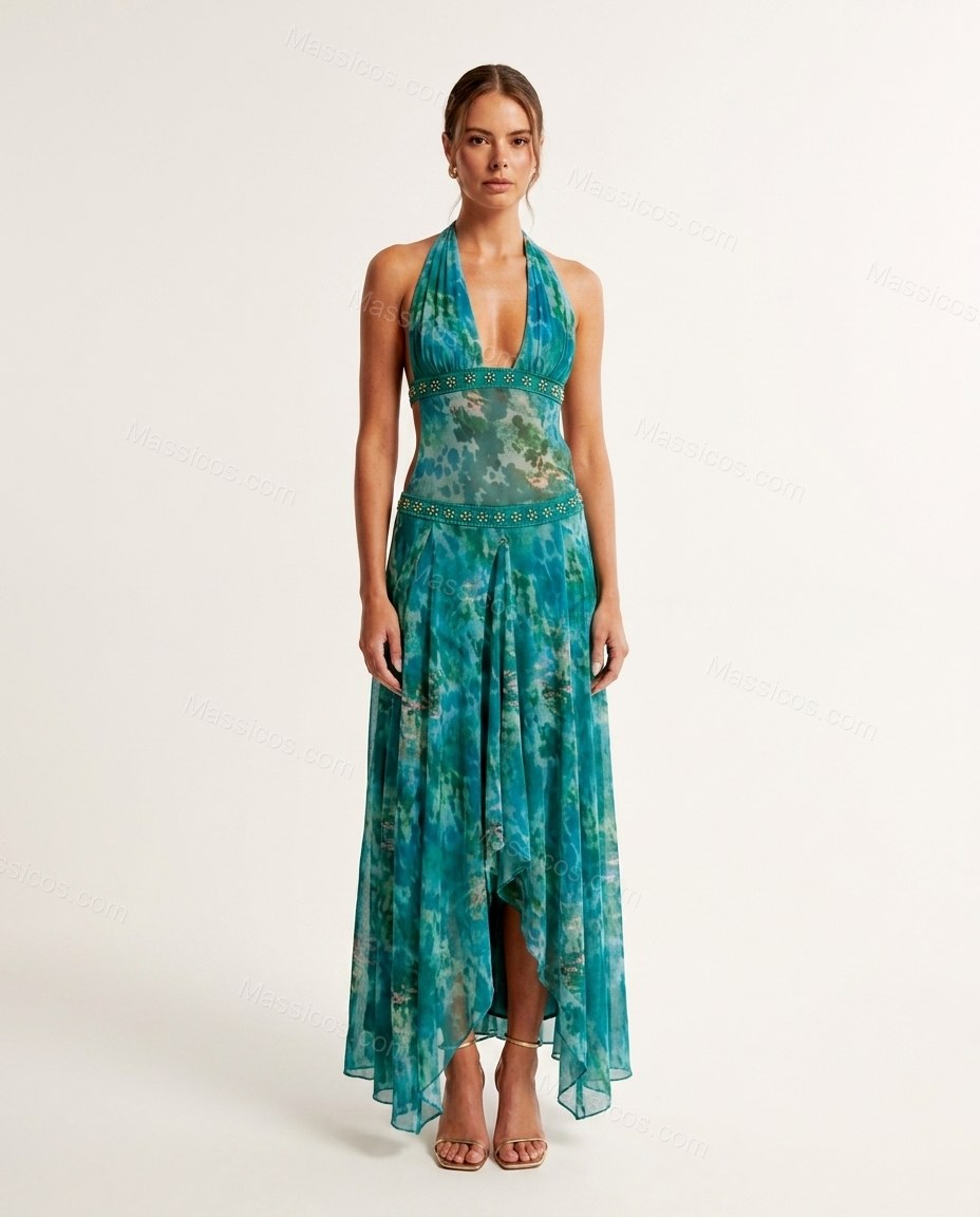 Green Abstract Maxi Halter Dress, front studio view, by Massicos