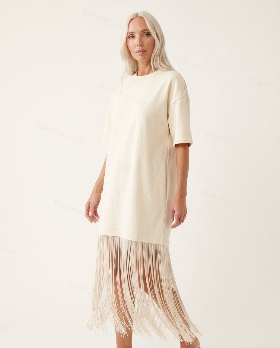 Off-white Midi Fringe Knit Dress, side and back studio view showing simple straight back construction, by Massicos