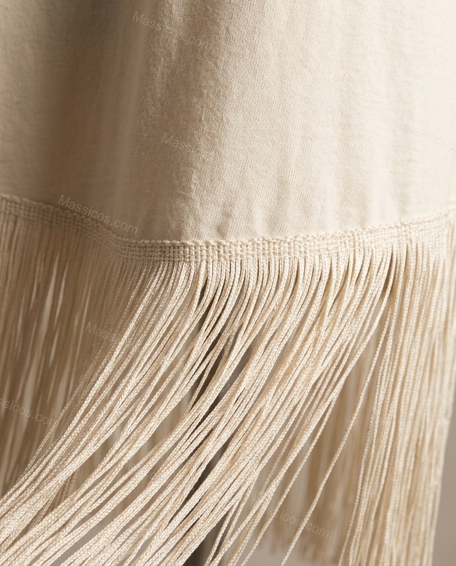 Off-white Midi Fringe Knit Dress, close-up of fringe hem, dropped shoulder and relaxed fit, by Massicos