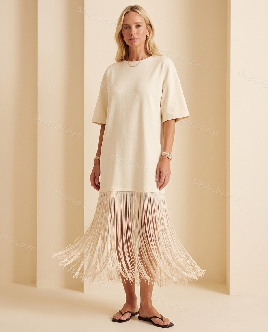 Off-white Midi Fringe Knit Dress, full-length hero view, by Massicos