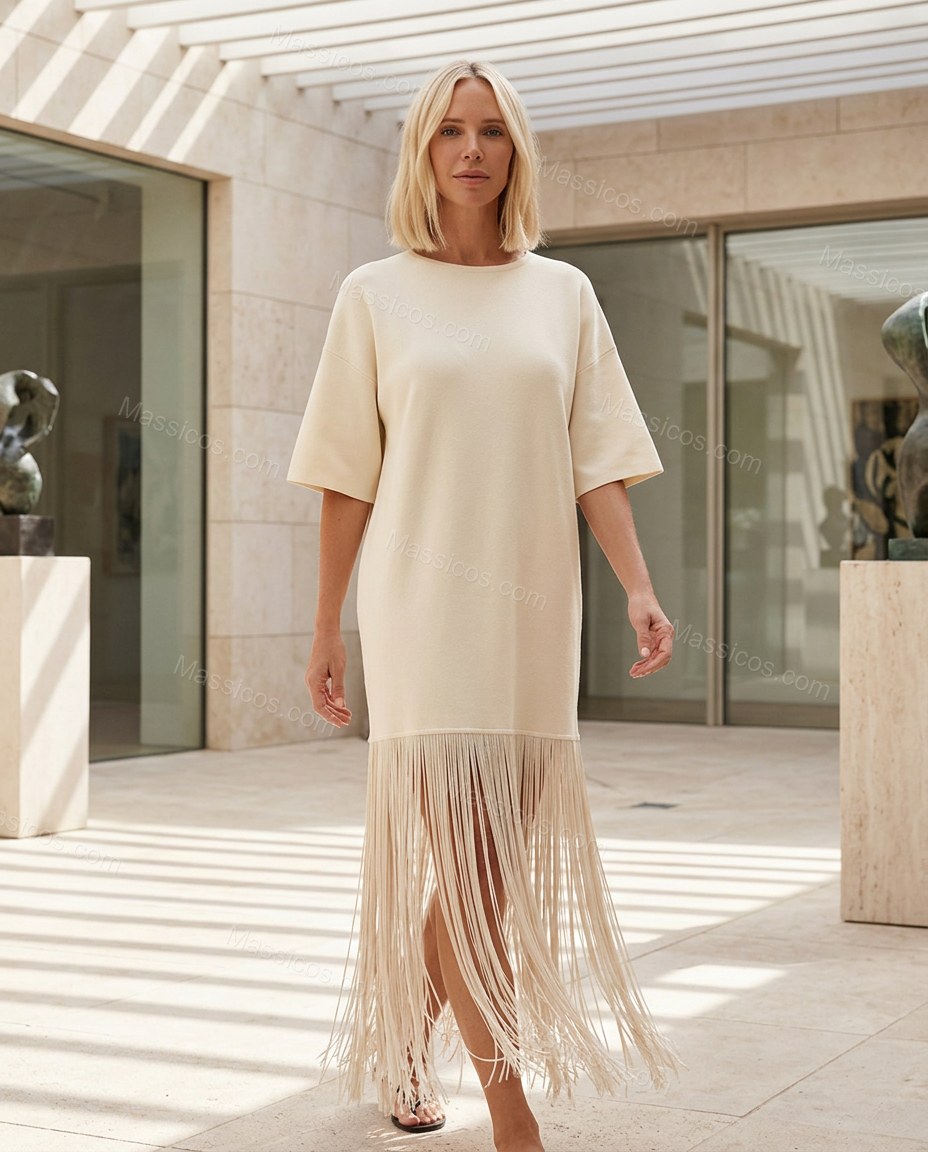 Off-white Midi Fringe Knit Dress, alternate use-case lifestyle view, by Massicos