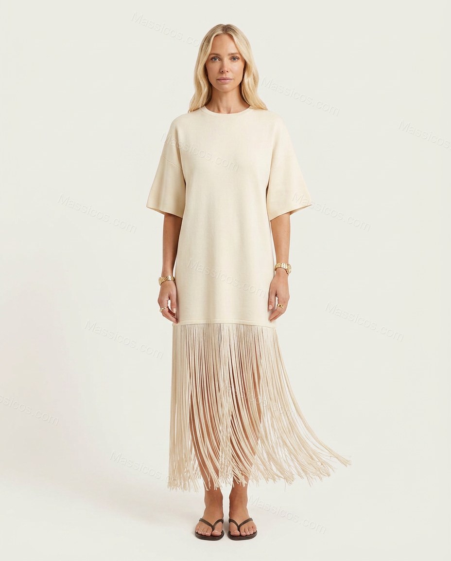 Off-white Midi Fringe Knit Dress, front studio view, by Massicos