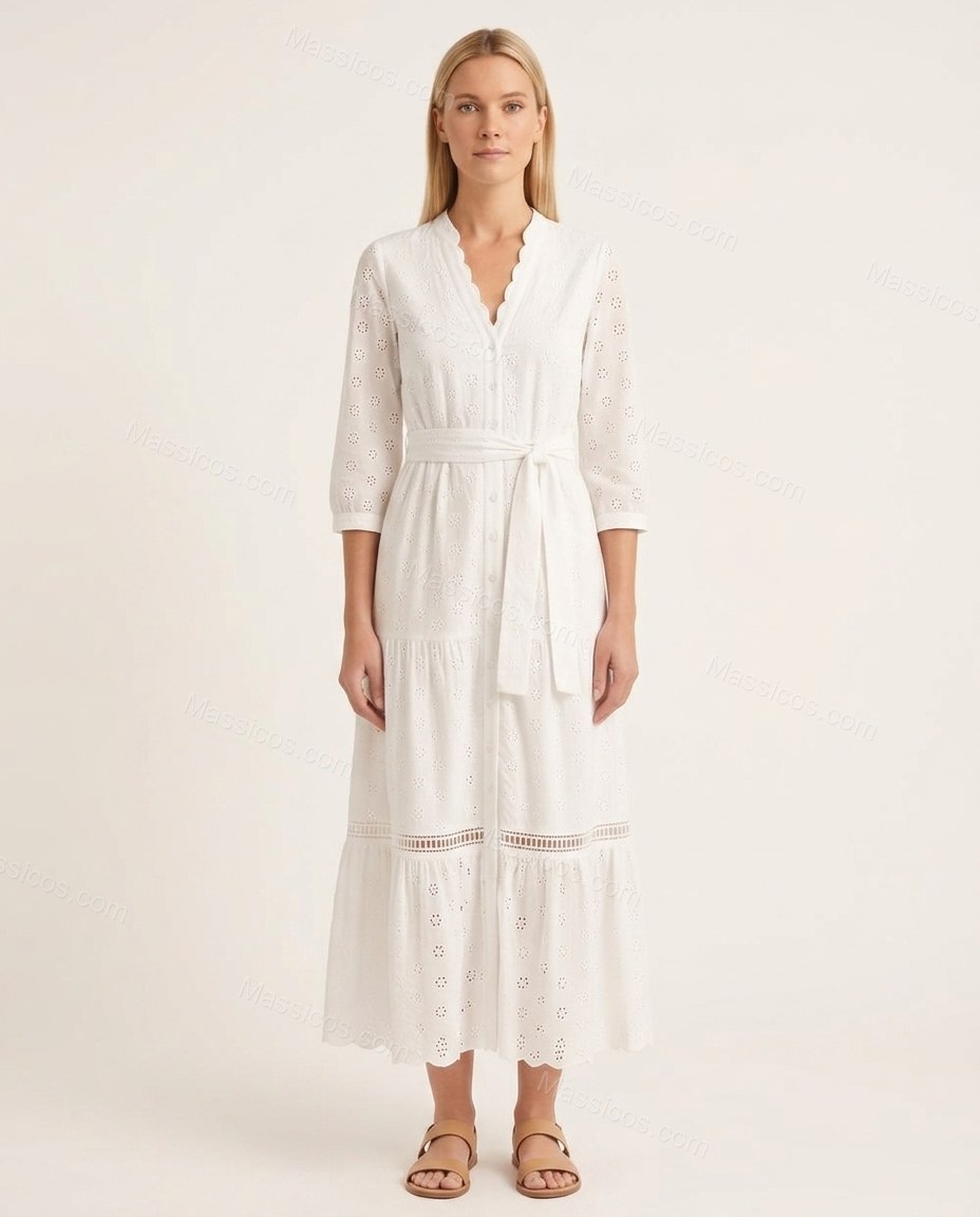 White Floral Ladder-Strap Eyelet Dress, front studio view, by Massicos
