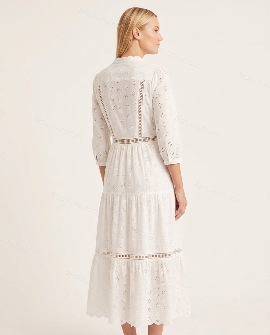 White Floral Ladder-Strap Eyelet Dress, back studio view, by Massicos