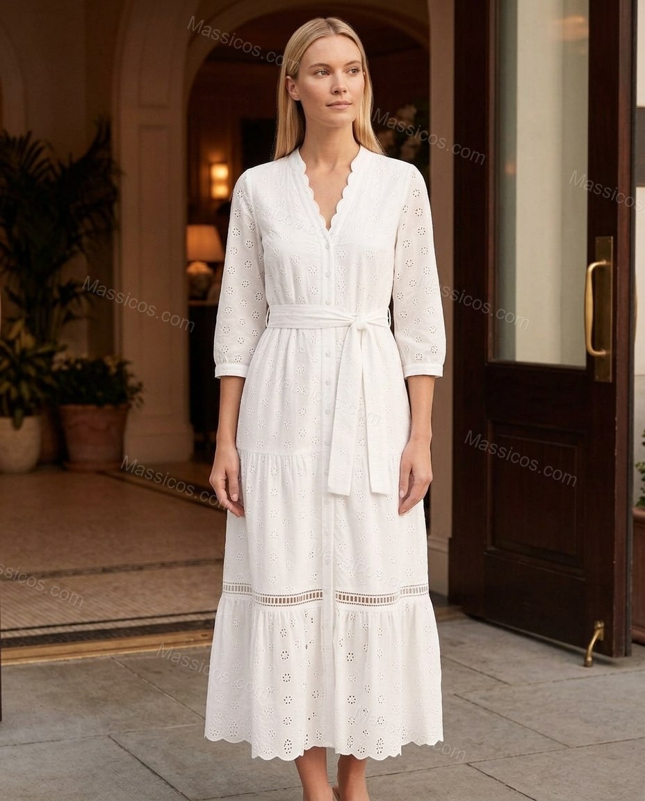 White Floral Ladder-Strap Eyelet Dress, alternate use-case lifestyle view, by Massicos