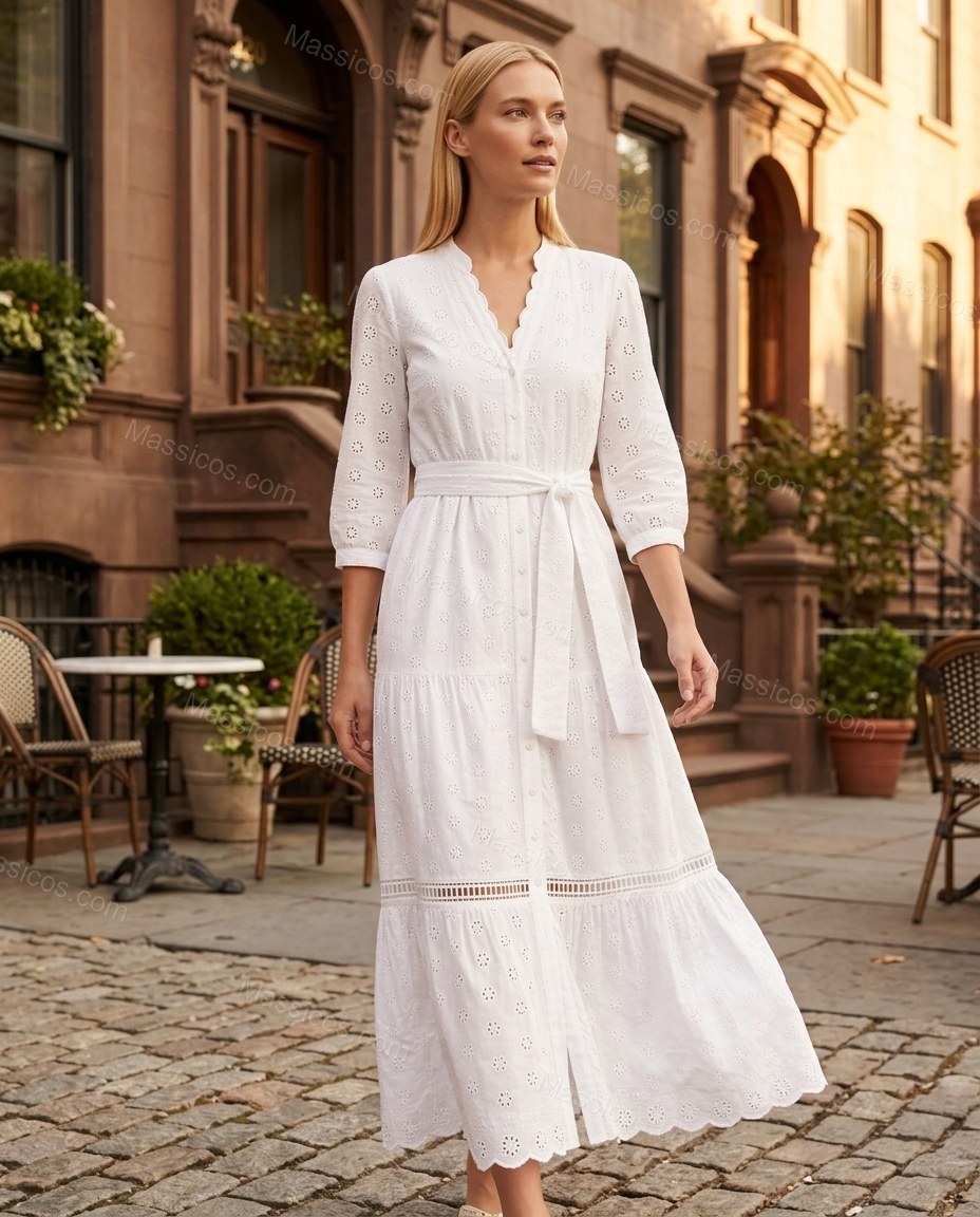 White Floral Ladder-Strap Eyelet Dress, movement and fit lifestyle view, by Massicos