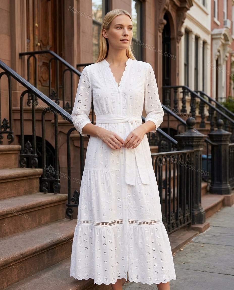 White Floral Ladder-Strap Eyelet Dress, three-quarter brand lifestyle view, by Massicos