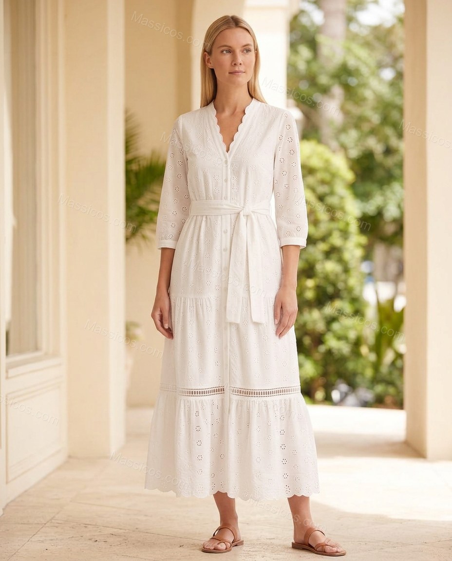 White Floral Ladder-Strap Eyelet Dress, full-length hero view, by Massicos