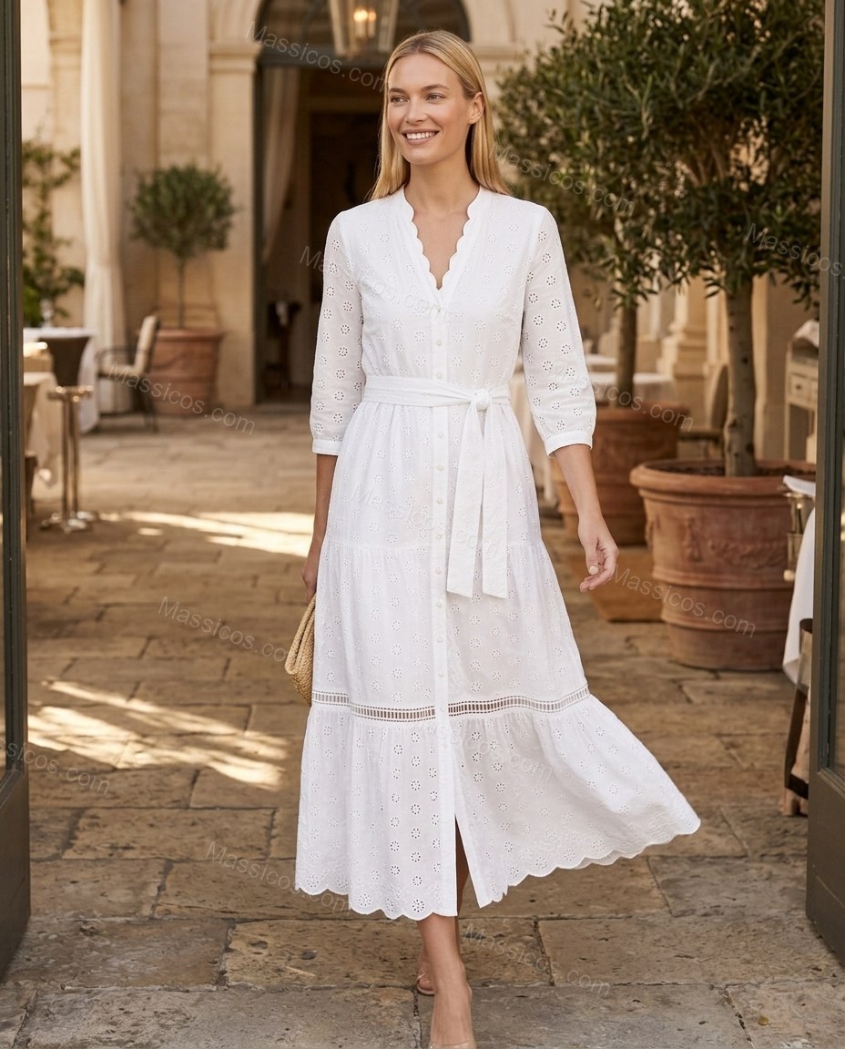 White Floral Ladder-Strap Eyelet Dress, walking lifestyle view, by Massicos