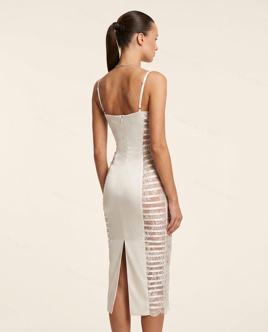 White Midi Satin Lace Dress, back studio view showing center back zipper closure with a vertical slit at the hem, by Massicos