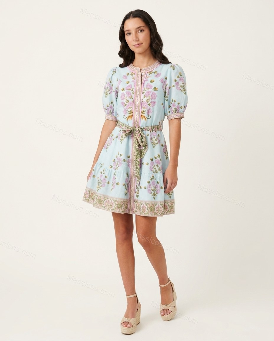 Light Blue Floral Mini Tiered Dress, side and back studio view, by Massicos