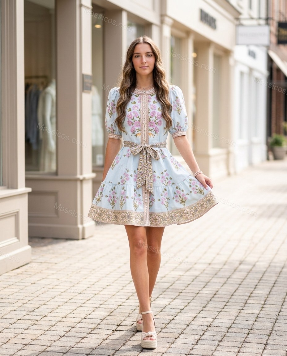 Light Blue Floral Mini Tiered Dress, walking lifestyle view, by Massicos