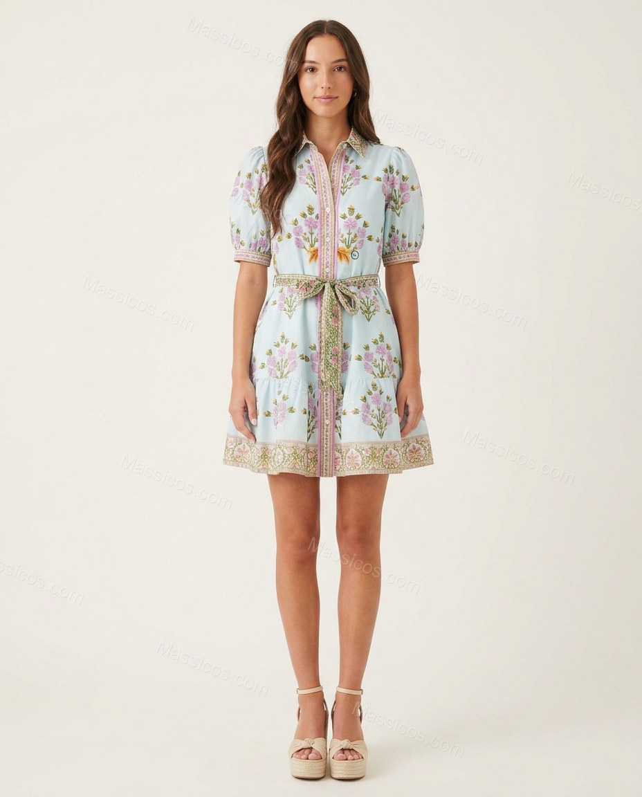 Light Blue Floral Mini Tiered Dress, front studio view, by Massicos