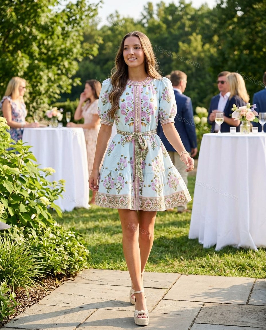 Light Blue Floral Mini Tiered Dress, movement and fit lifestyle view, by Massicos
