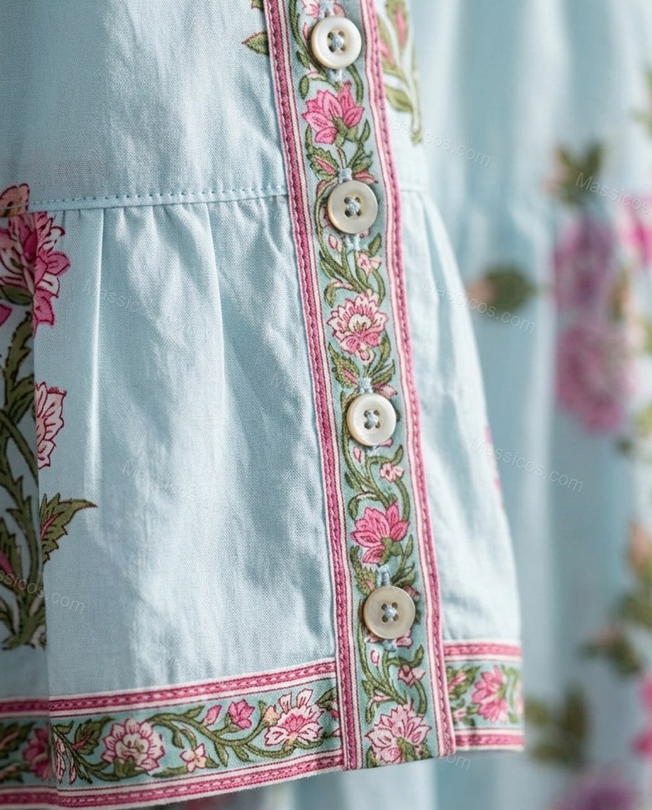 Light Blue Floral Mini Tiered Dress, close-up of floral, by Massicos