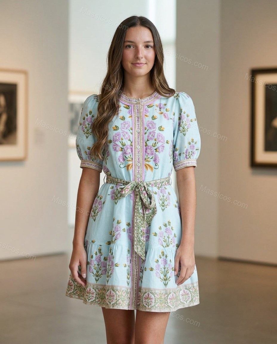 Light Blue Floral Mini Tiered Dress, three-quarter brand lifestyle view, by Massicos