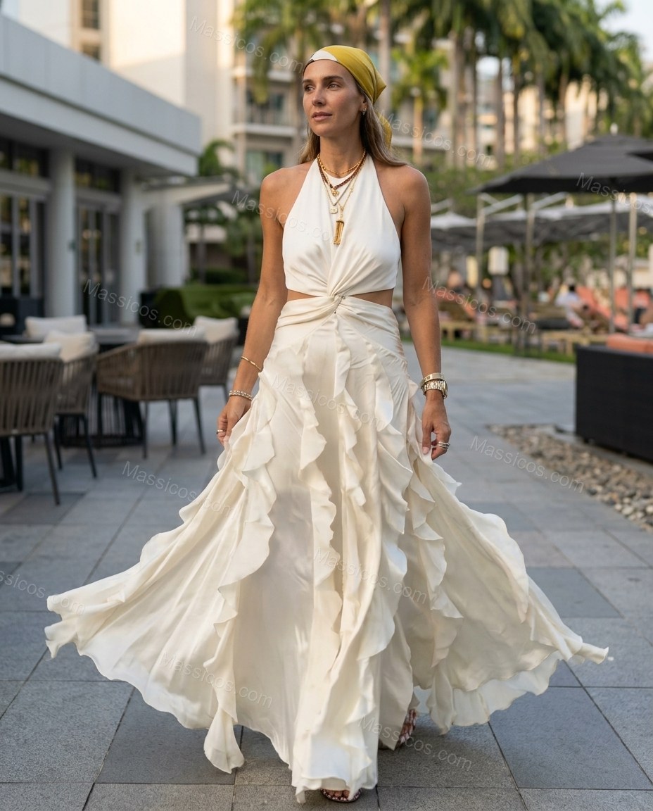 Ivory White Maxi Open-Back Halter Dress, three-quarter brand lifestyle view, by massicos