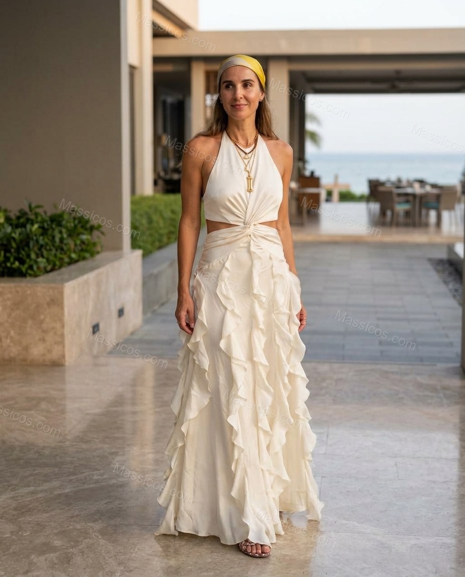 Ivory White Maxi Open-Back Halter Dress, alternate use-case lifestyle view, by massicos