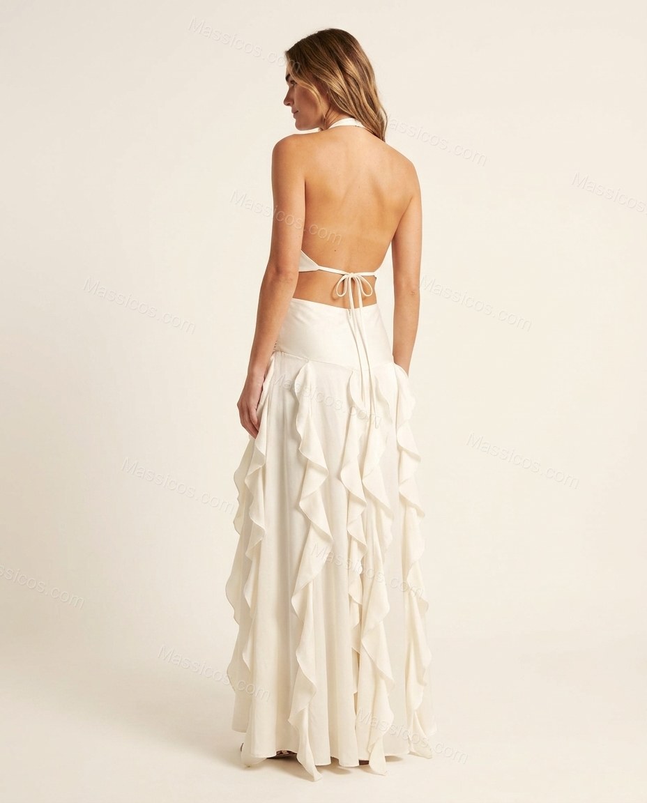 Ivory White Maxi Open-Back Halter Dress, side and back studio view showing open back design with tie closure at the waist, by massicos