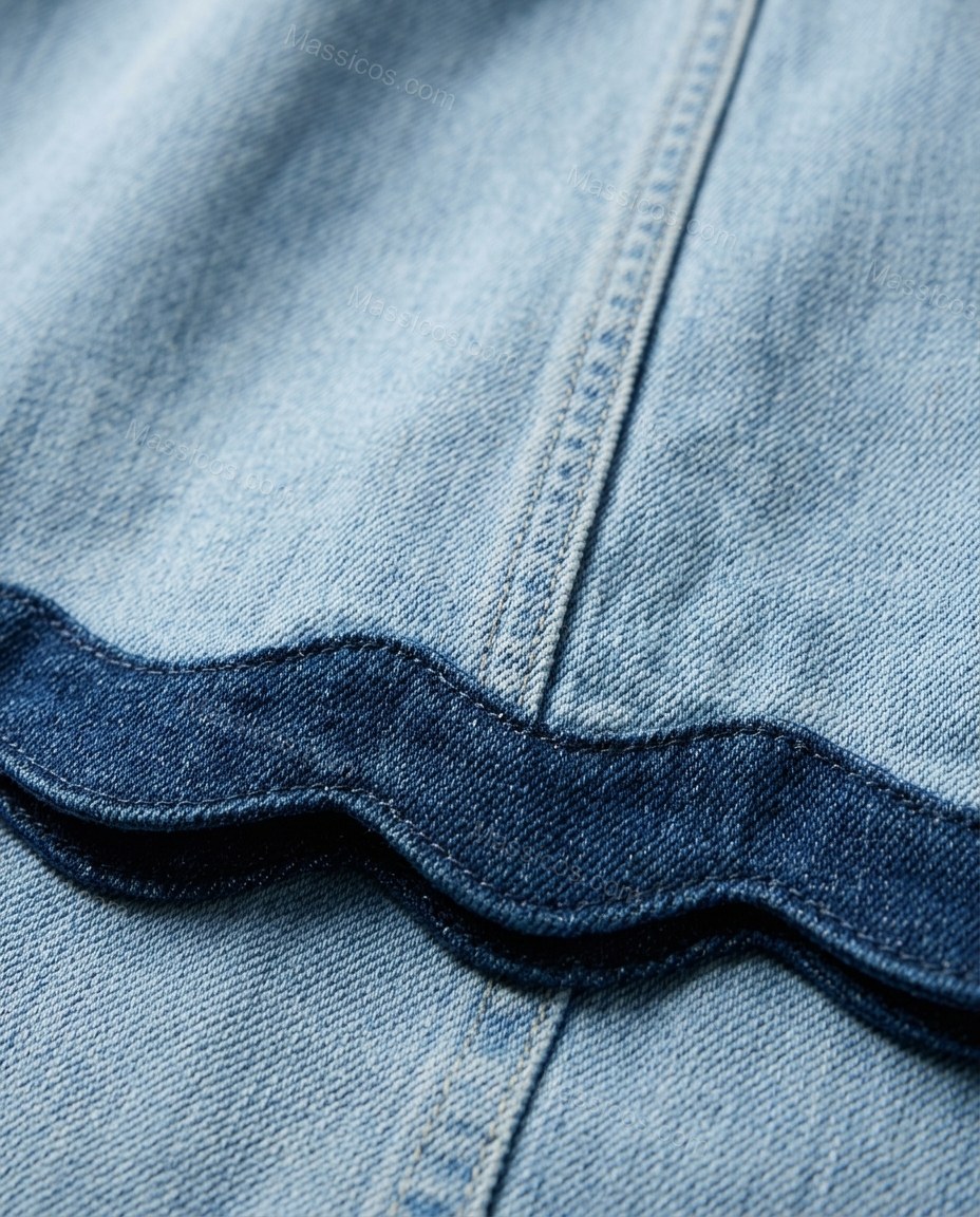 Light Blue Mini Strapless Denim Dress, close-up of scalloped hem, by Massicos