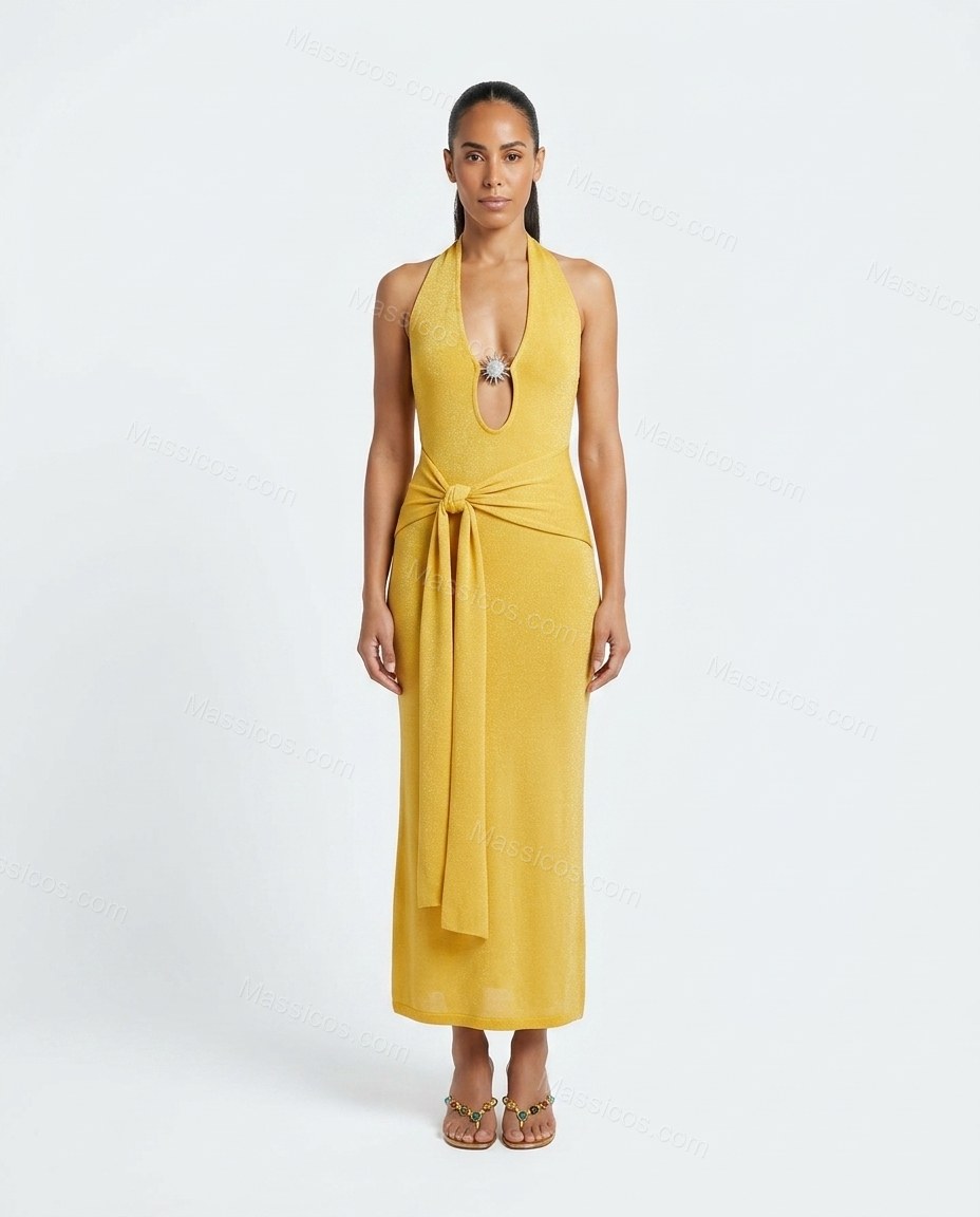 Yellow Maxi Halter Knit Dress, front studio view, by Massicos