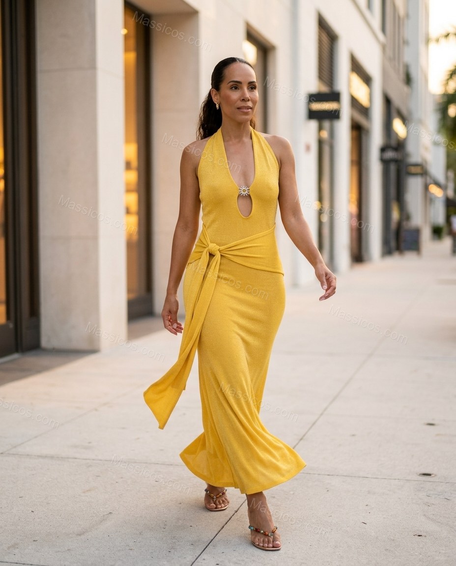 Yellow Maxi Halter Knit Dress, walking lifestyle view, by Massicos