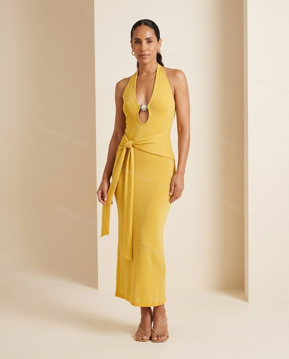 Yellow Maxi Halter Knit Dress, full-length hero view, by Massicos