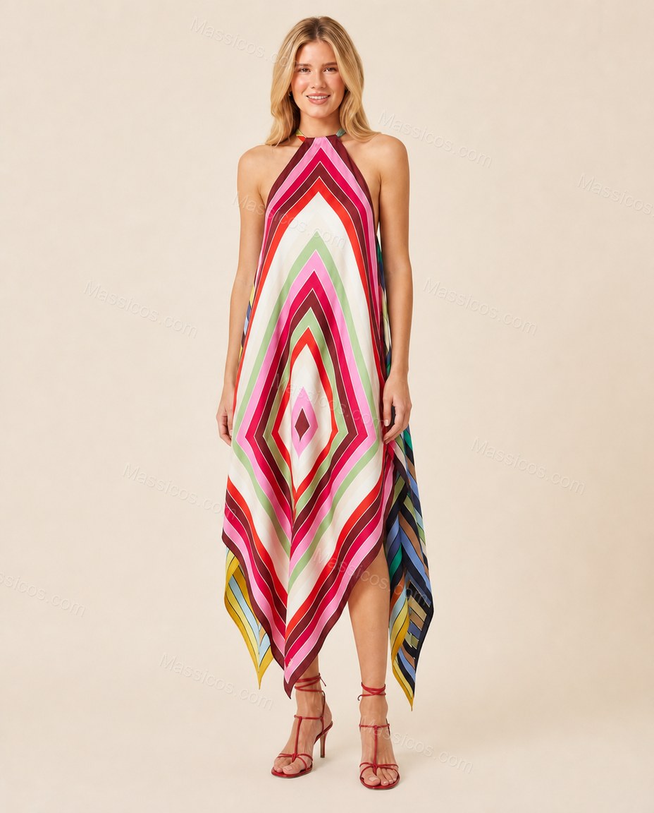 Multi-Color Chevron Open-Back Halter Dress, front studio view, by Massicos