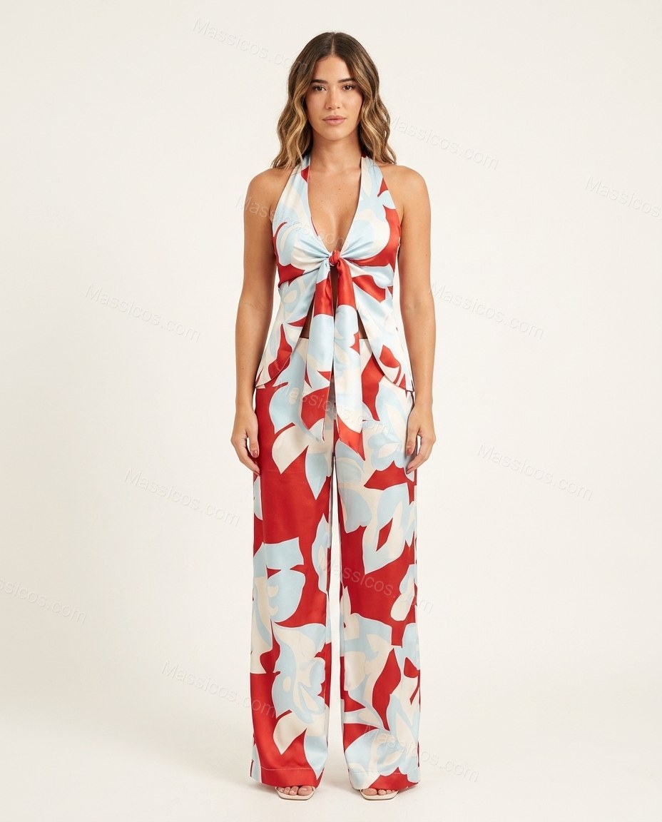 Red Floral Halter Satin Top & Pants Set, front studio view, by Massicos