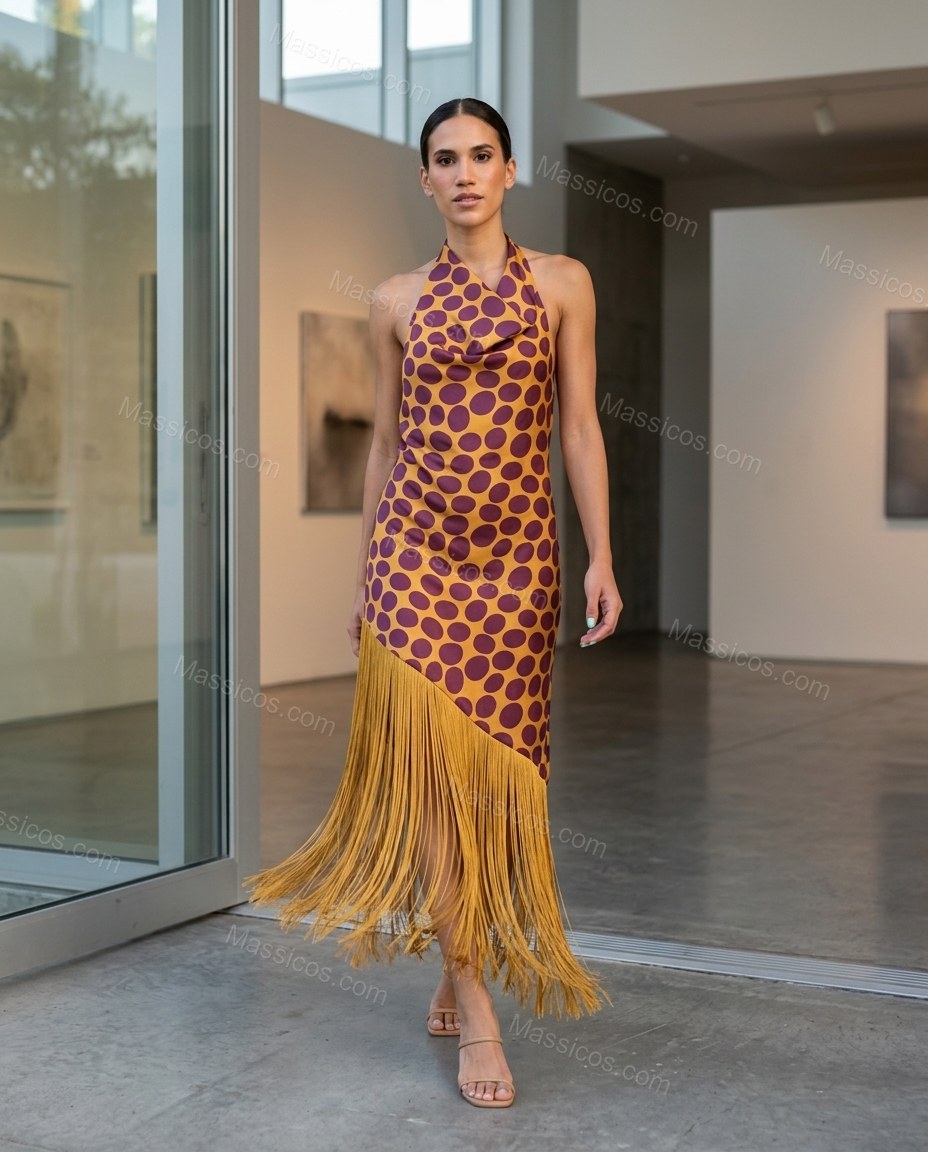 Golden Yellow Polka Dot Open-Back Cowl-Neck Dress, three-quarter brand lifestyle view, by massicos