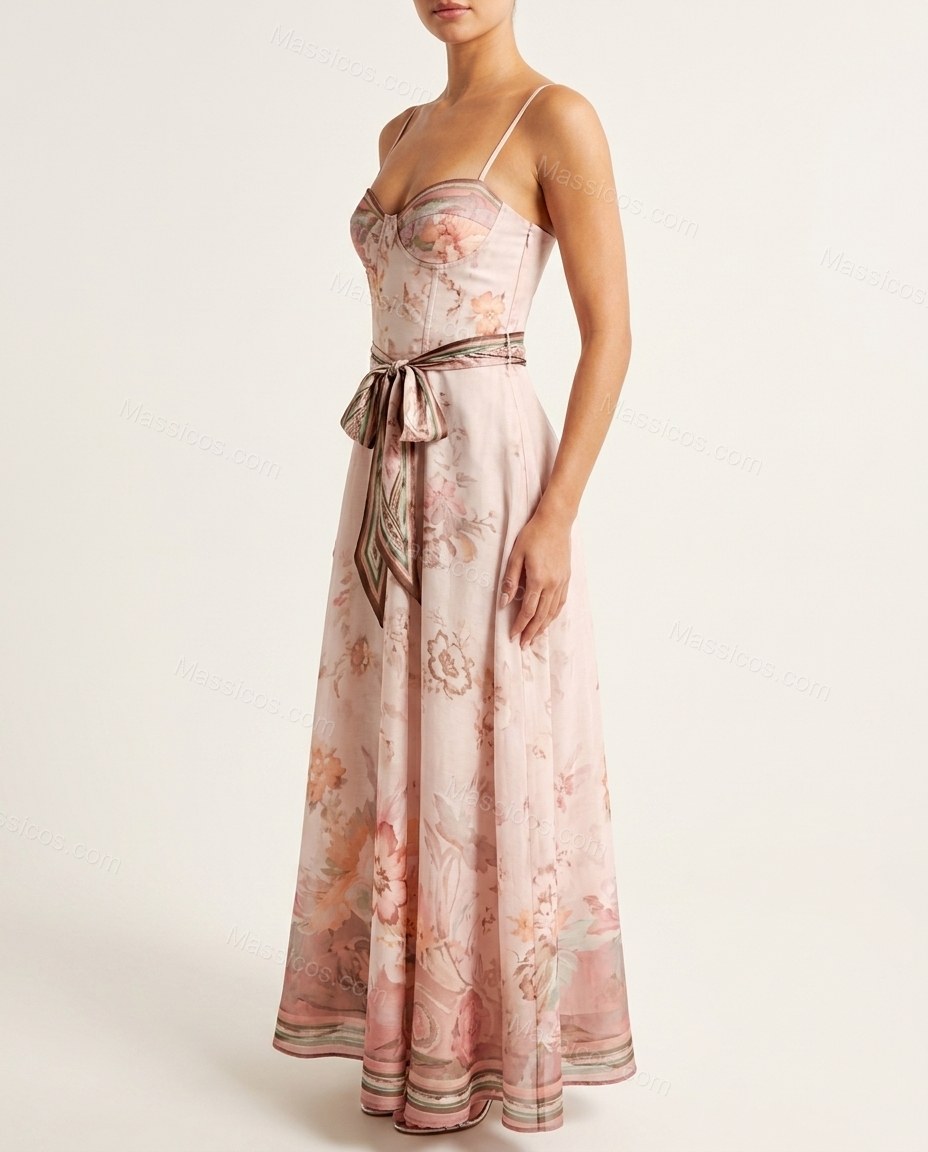 Light Pink Floral Maxi Dress, side and back studio view, by massicos