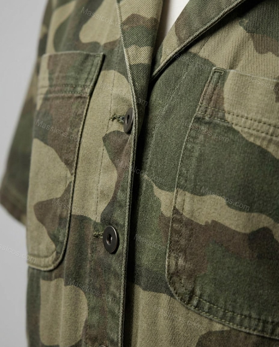 Green Jumpsuit, close-up of beige and brown accents, button-front closure and chest flap pockets, by massicos