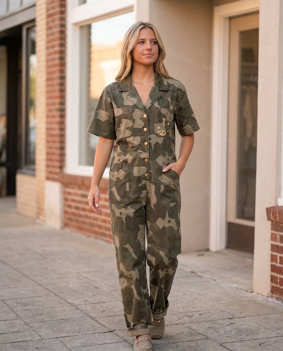 Green Jumpsuit, movement and fit lifestyle view, by massicos