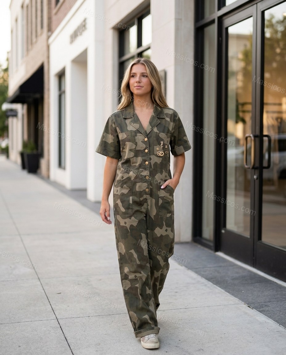 Green Jumpsuit, three-quarter brand lifestyle view, by massicos