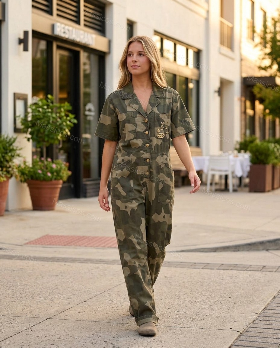 Green Jumpsuit, walking lifestyle view, by massicos