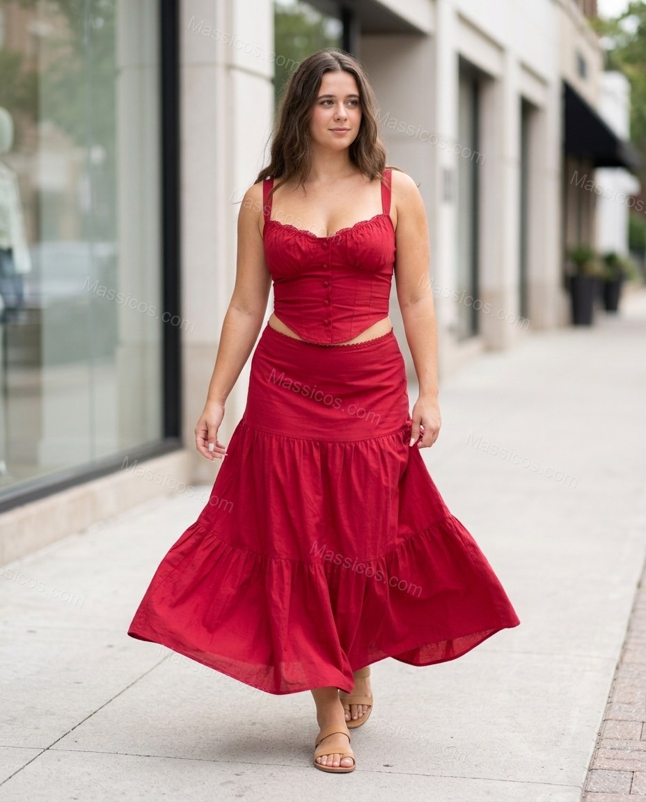 Red Maxi Tiered Lace Top & Skirt Set, walking lifestyle view, by Massicos