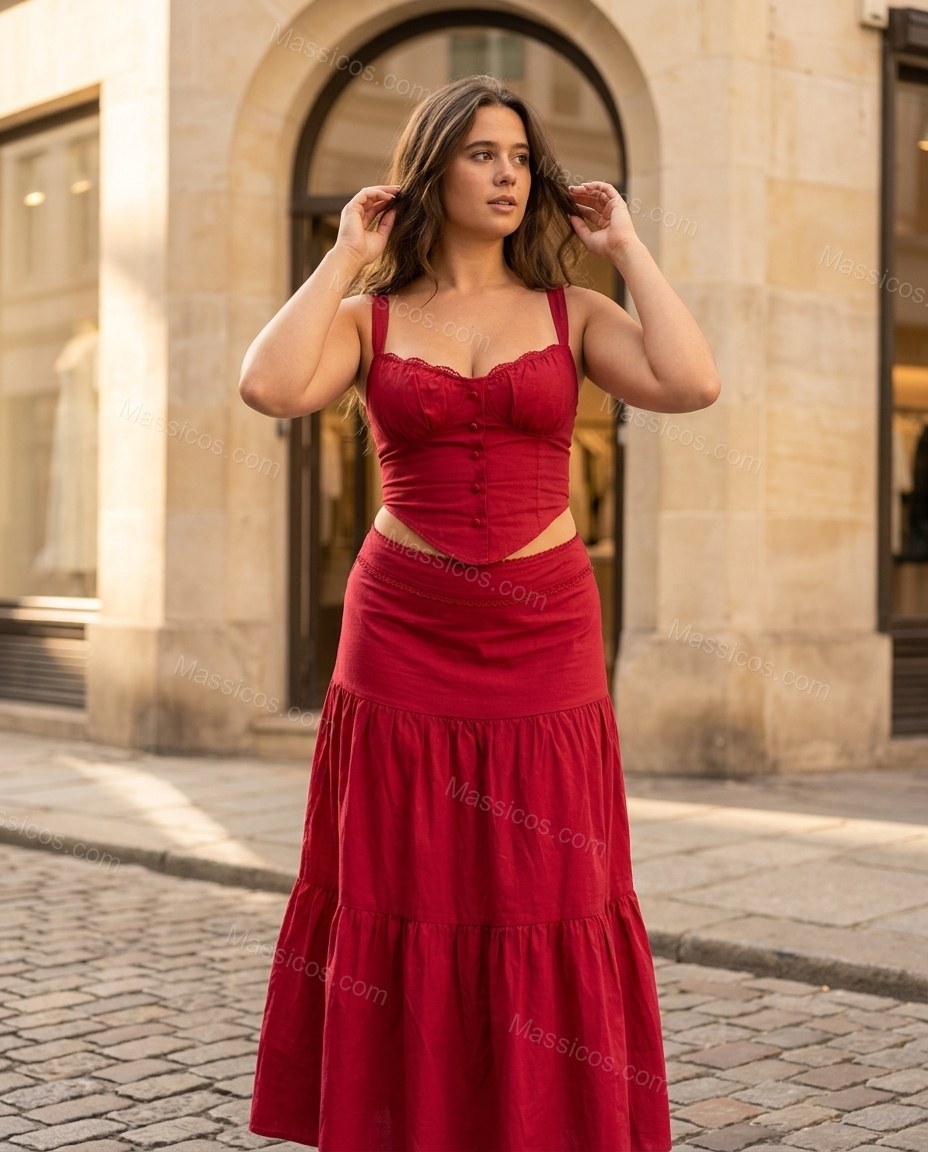 Red Maxi Tiered Lace Top & Skirt Set, three-quarter brand lifestyle view, by Massicos