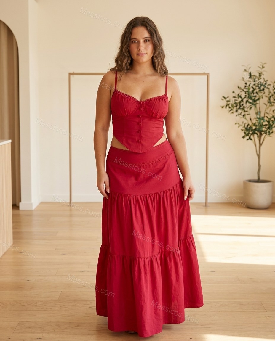 Red Maxi Tiered Lace Top & Skirt Set, full-length hero view, by Massicos