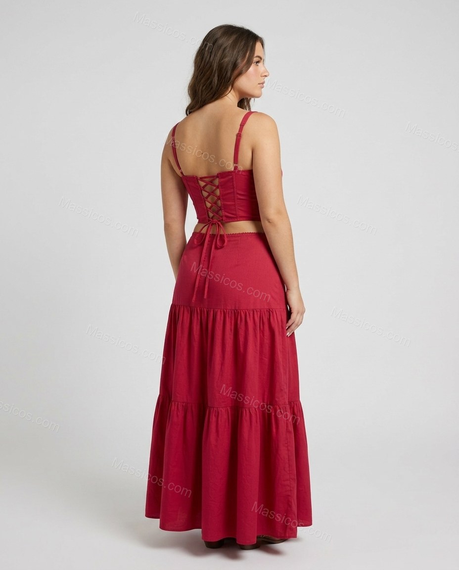 Red Maxi Tiered Lace Top & Skirt Set, back studio view showing lace-up corset back with tie closure, by Massicos